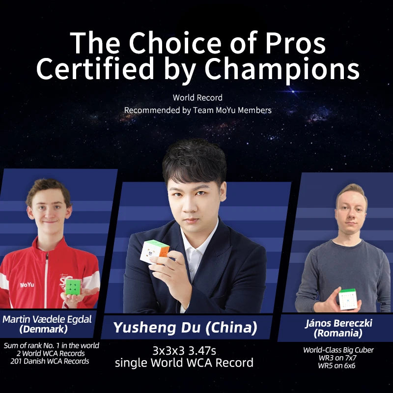 Speedcubing champions including Yusheng Du showcasing the MoYu WRM V10 cube, certified by record holders