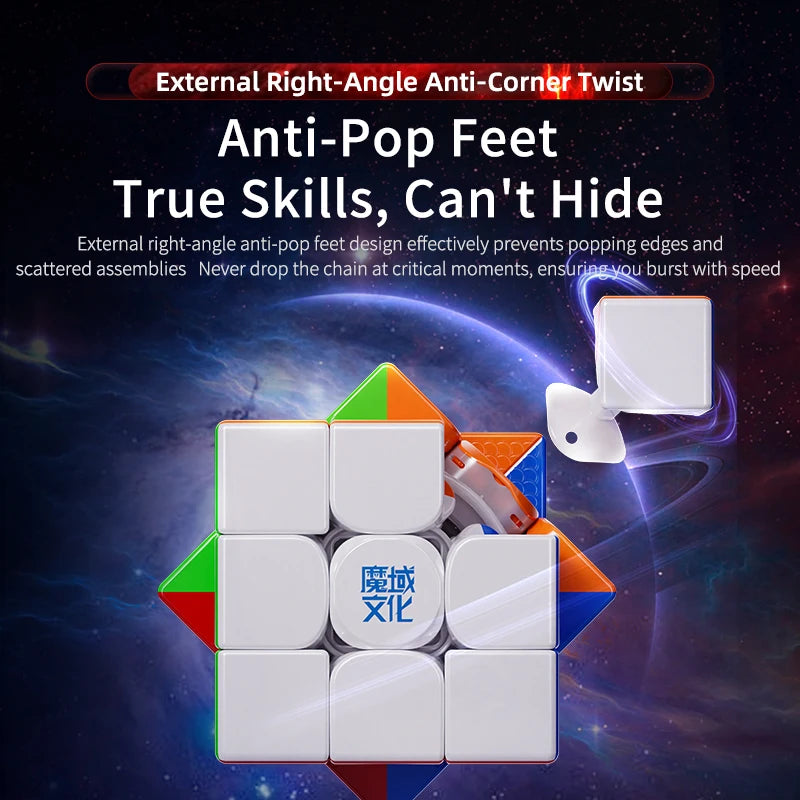 MoYu WRM V10 cube showing right-angle anti-pop feet to prevent corner twists and ensure stable speed solving