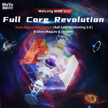 MoYu Weilong WRM V10 3x3 cube showcasing full core revolution with exploded view of ball core and MagLev tension system